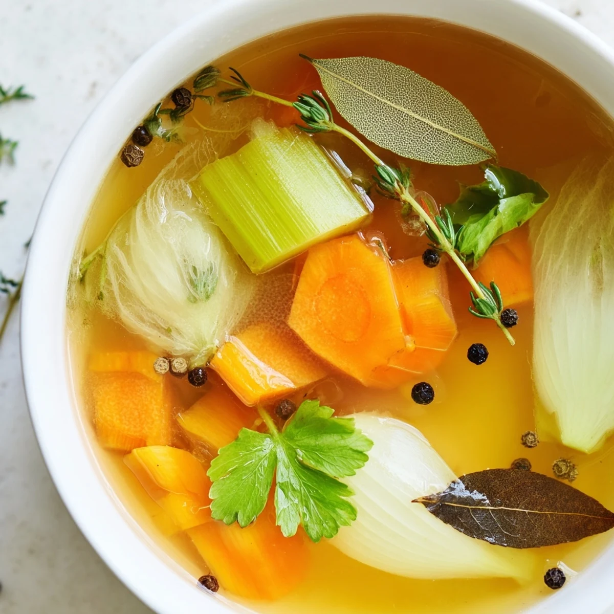 Simmering pot of Homemade Vegetable Broth with herbs and vegetable scraps, emitting gentle steam. 