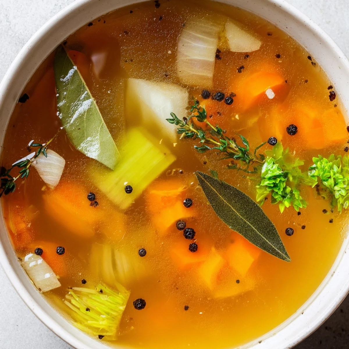A fine-mesh sieve strains golden Homemade Vegetable Broth into a glass bowl filled with fresh parsley. 