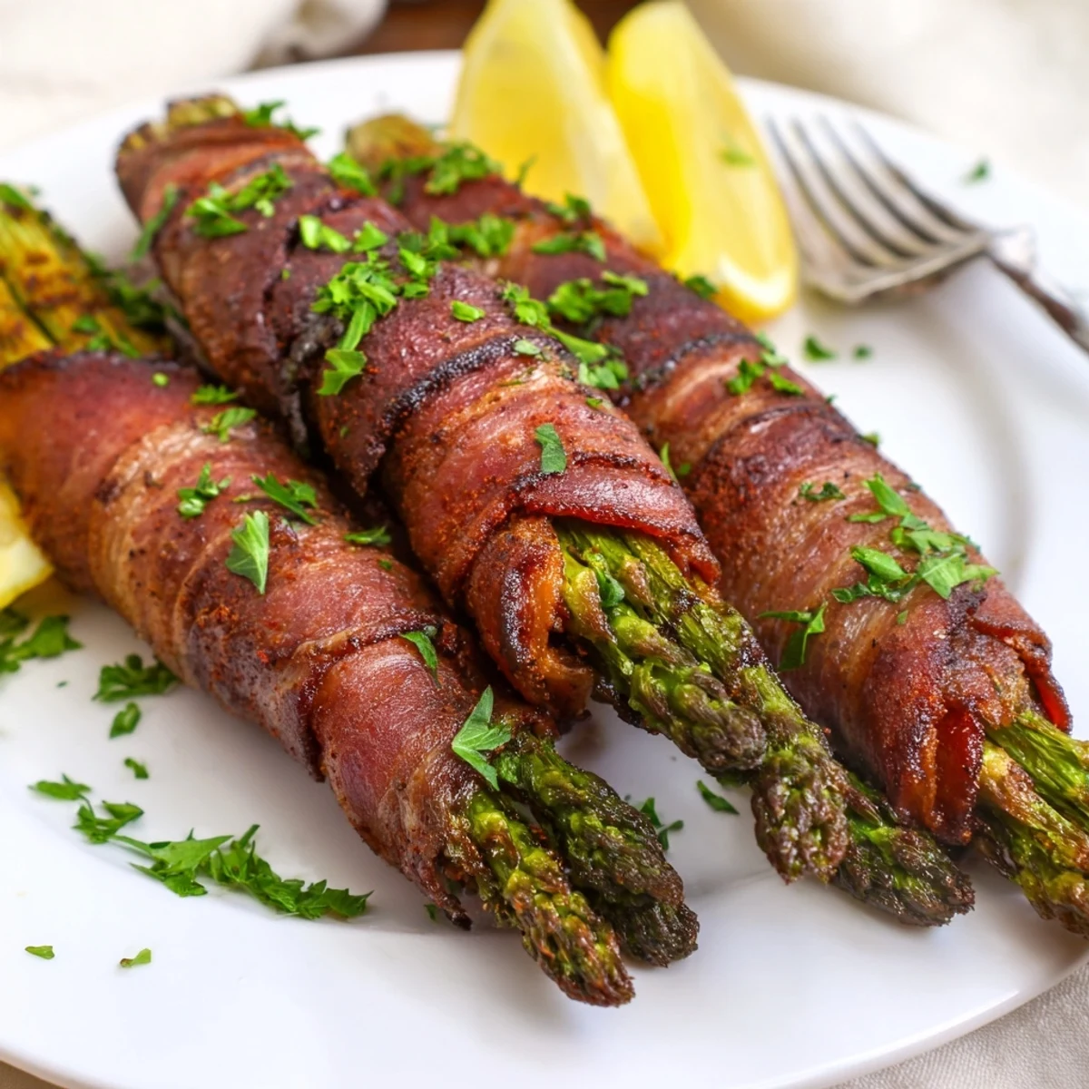 Eight bundles of Crispy Beef Bacon Wrapped Asparagus Bundles arranged on a serving tray with lemon wedges for brightness