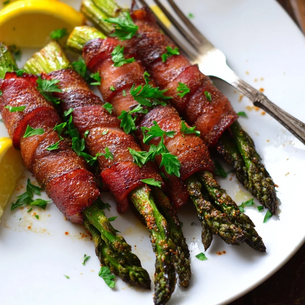Roasted Crispy Beef Bacon Wrapped Asparagus Bundles on a platter garnished with parsley and lemon wedges