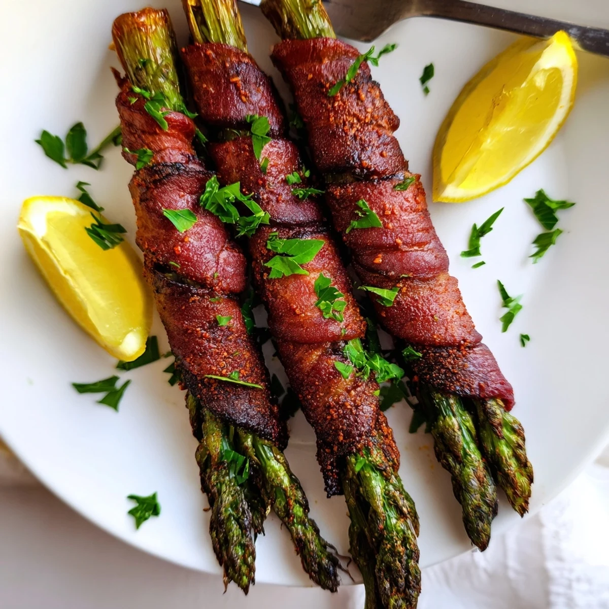 Golden-brown Crispy Beef Bacon Wrapped Asparagus Bundles cooked on a wire rack, ready to be served as an appetizer