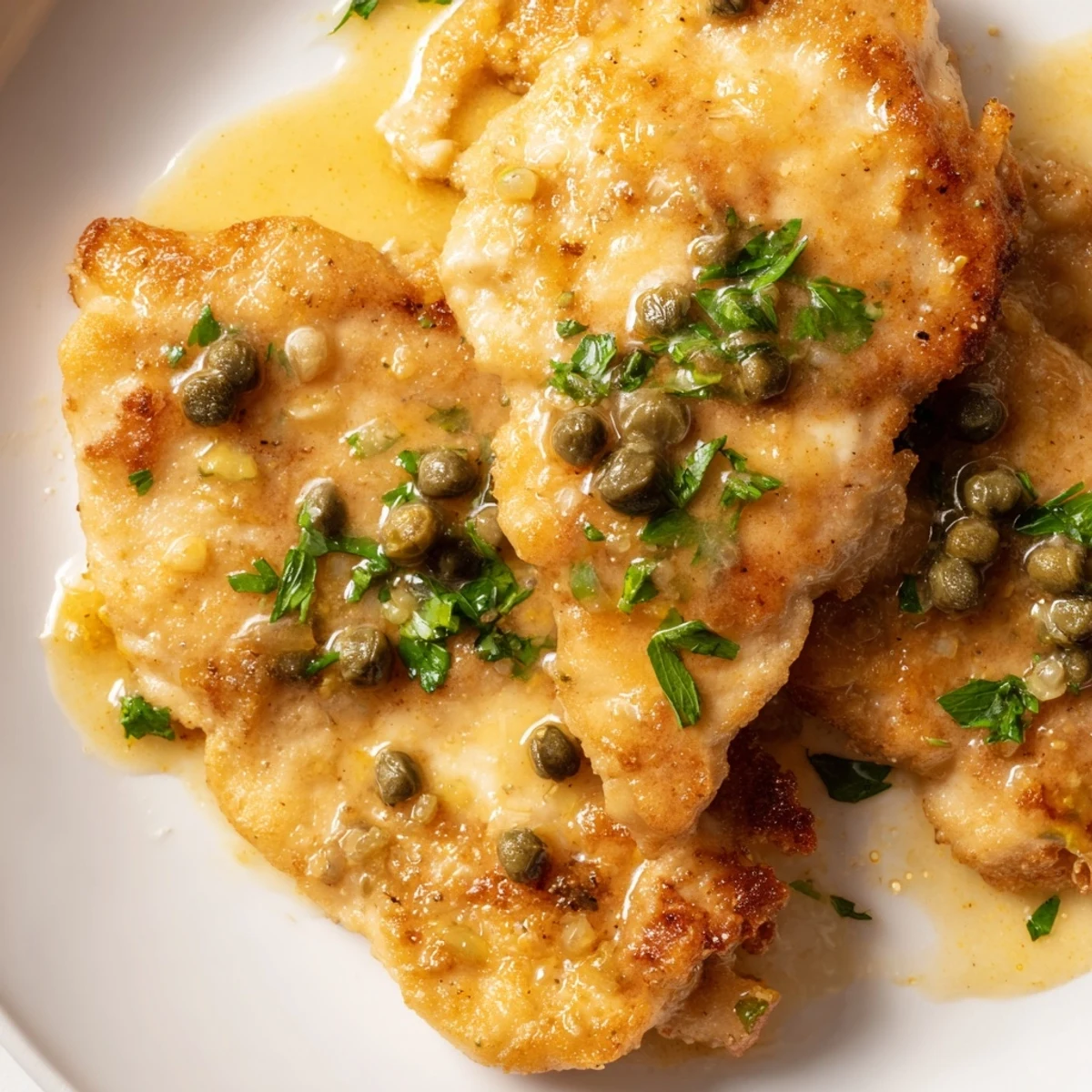 Golden-brown breaded Chicken Piccata with capers and lemon juice, ready to serve hot.