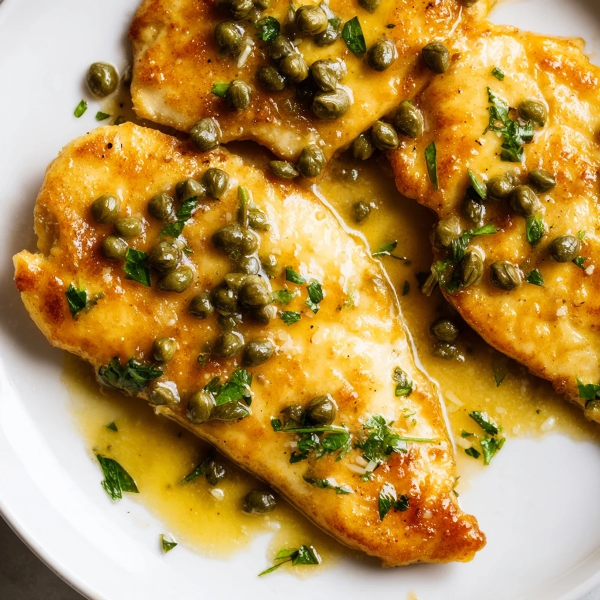 Juicy sautéed Chicken Piccata with capers and lemon juice on a plate with pasta.