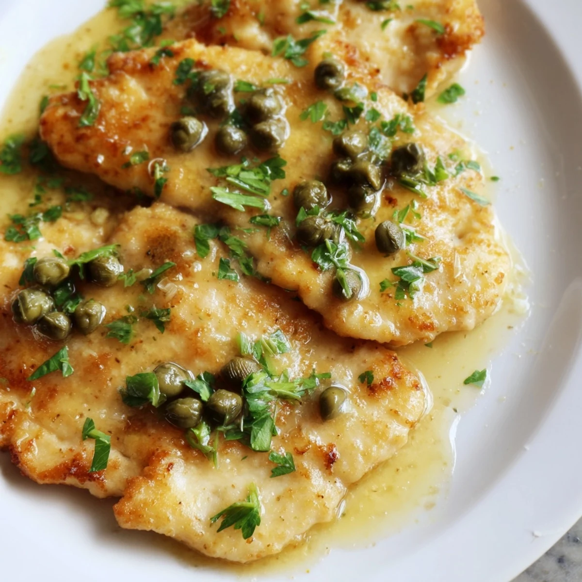 Sautéed Chicken Piccata with capers and lemon juice plated with fresh parsley garnish.
