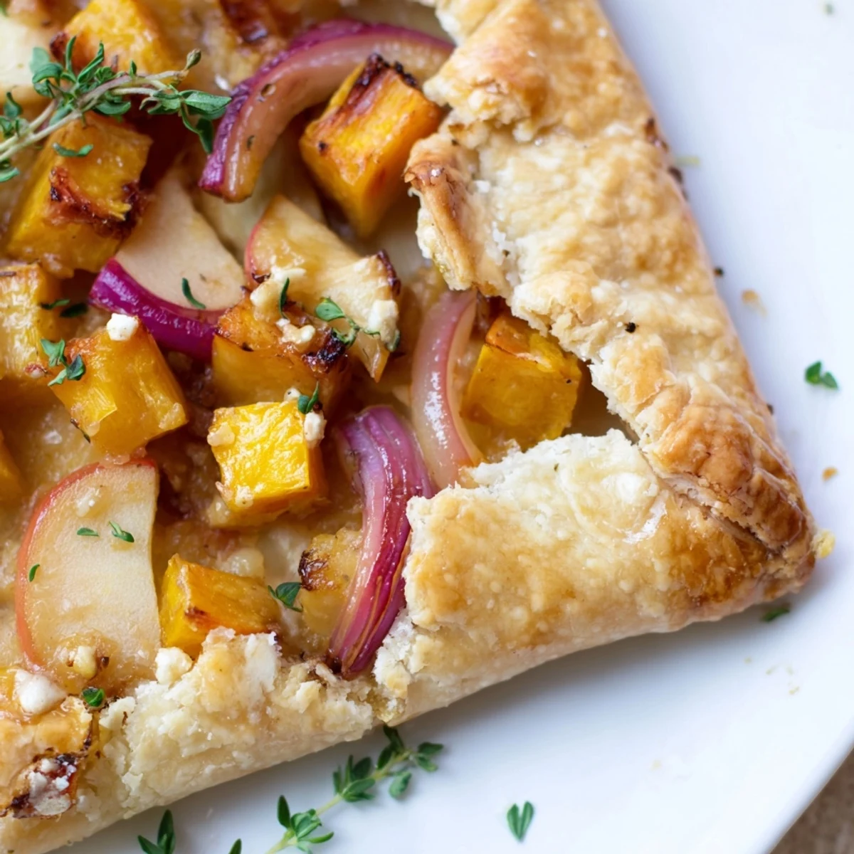 A close-up of the Roasted Butternut Squash and Apple Galette highlights caramelized onions, fresh thyme, and crumbled goat cheese.