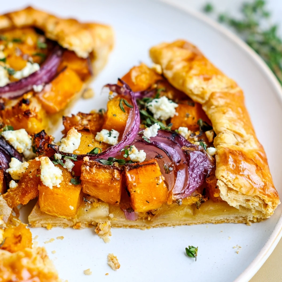 Sliced wedges of the galette are plated beside a crisp salad, ready to serve as a vegetarian main course.