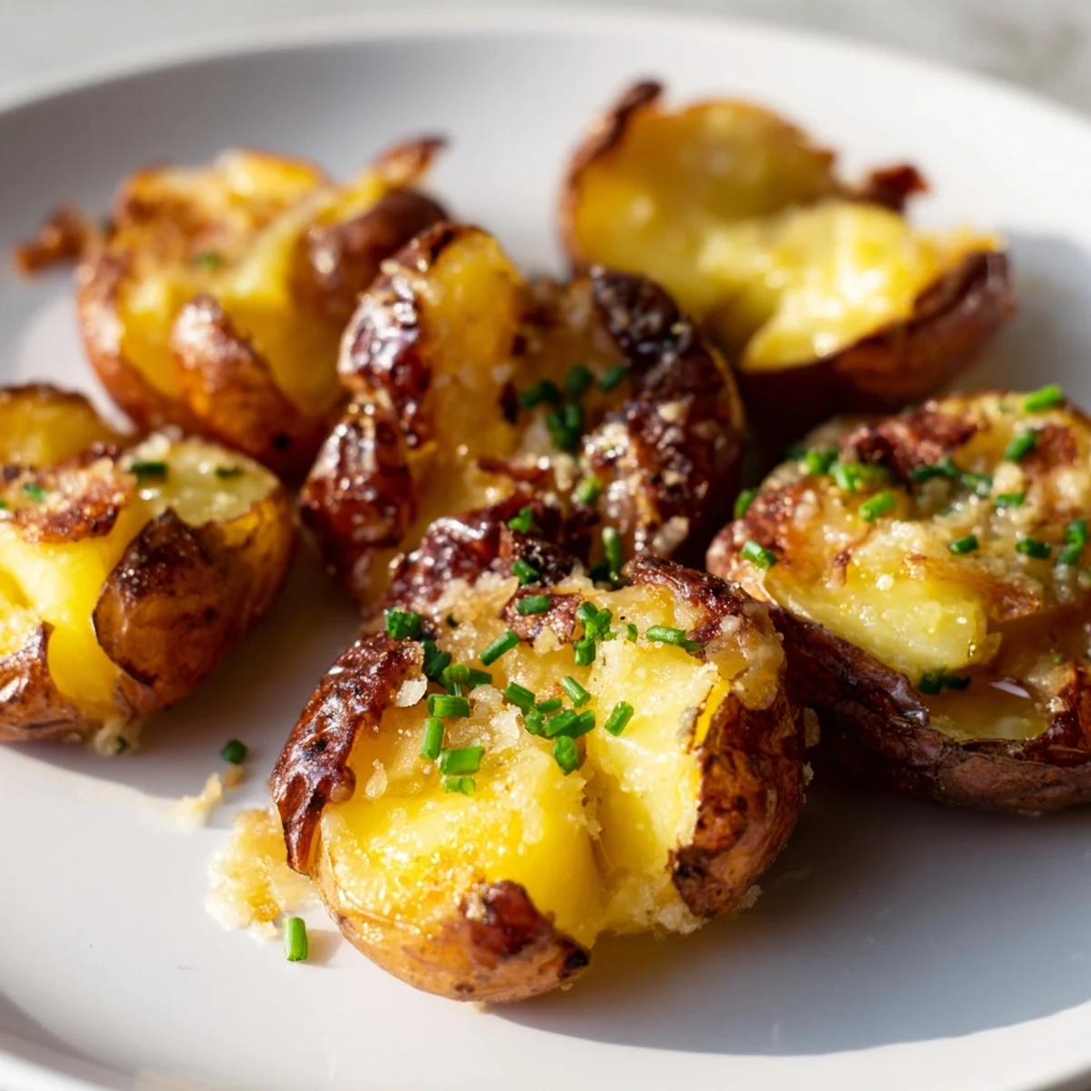 Golden-brown Garlic Parmesan Smashed Potatoes with Chives are garnished with fresh herbs on a rustic platter.