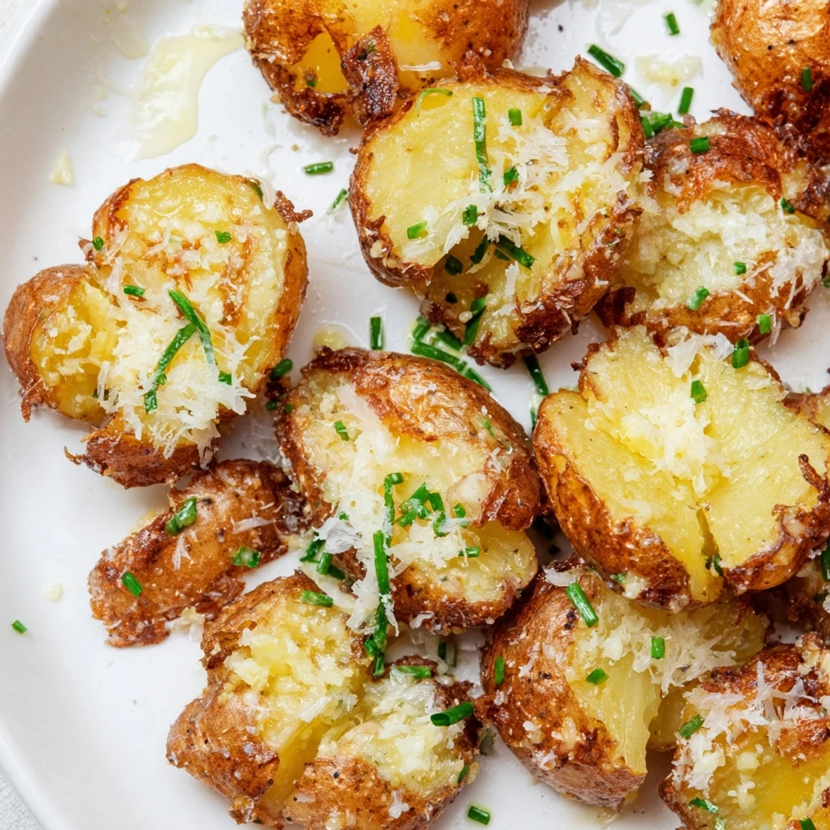 Fresh chives and grated Parmesan top these golden Garlic Parmesan Smashed Potatoes, served warm on a baking sheet.