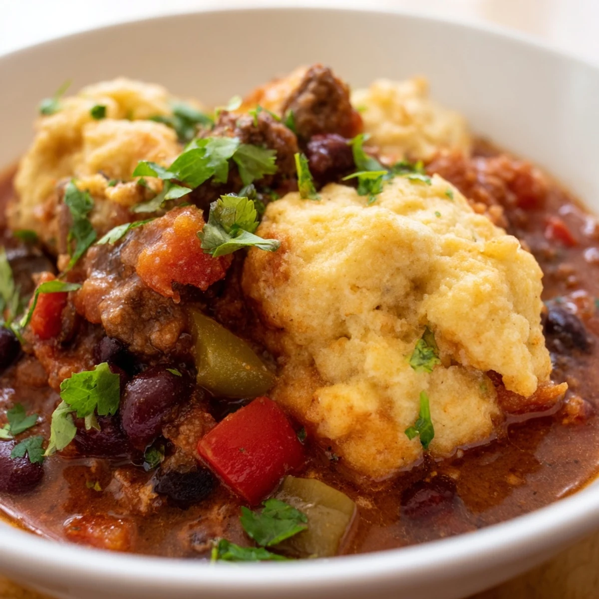Beef Chili with Homemade Cornbread Dumplings served in a ceramic bowl with a side of jalapeños and shredded cheese for topping.