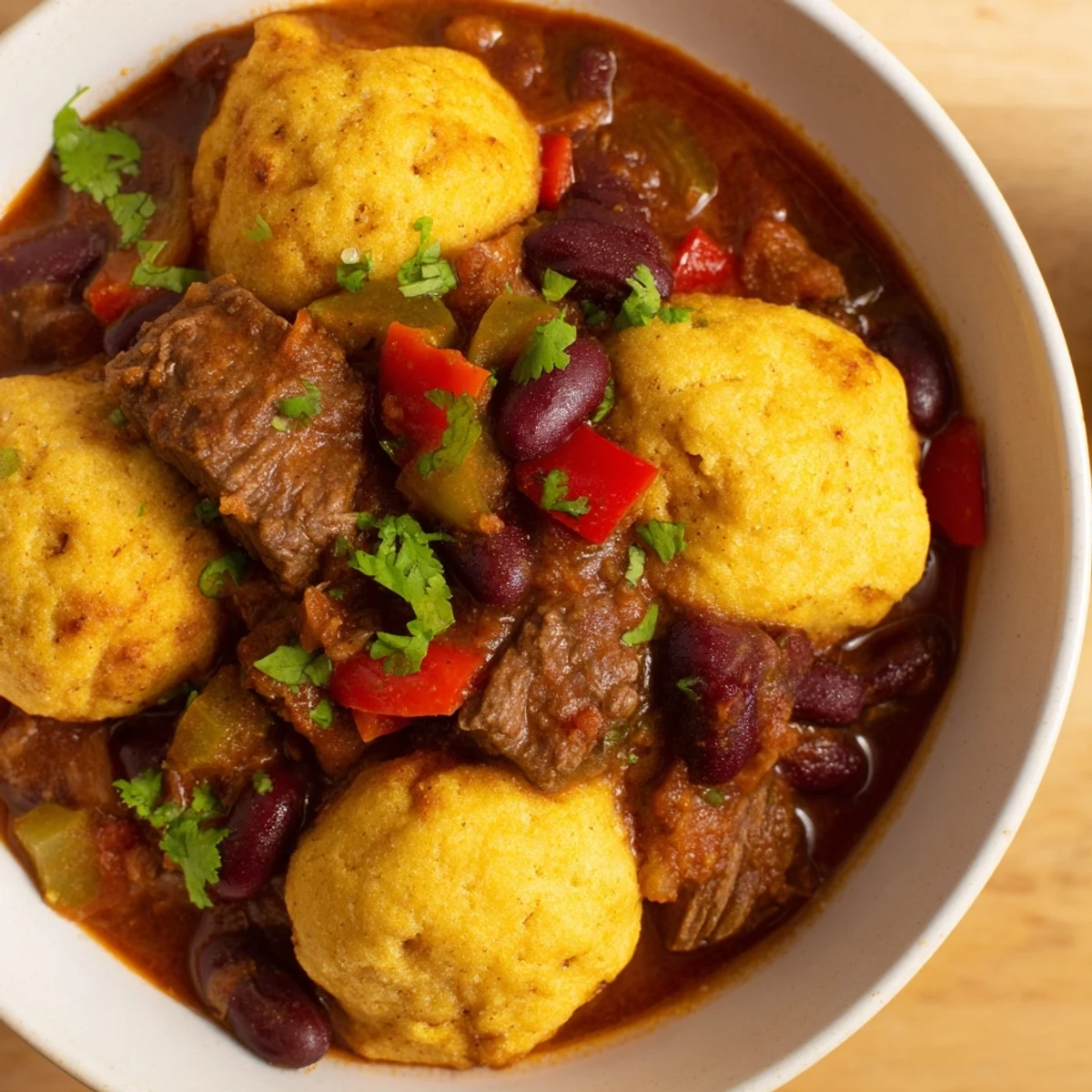 A warm bowl of Beef Chili with Homemade Cornbread Dumplings, topped with cilantro and cheese, ready for a cozy dinner.