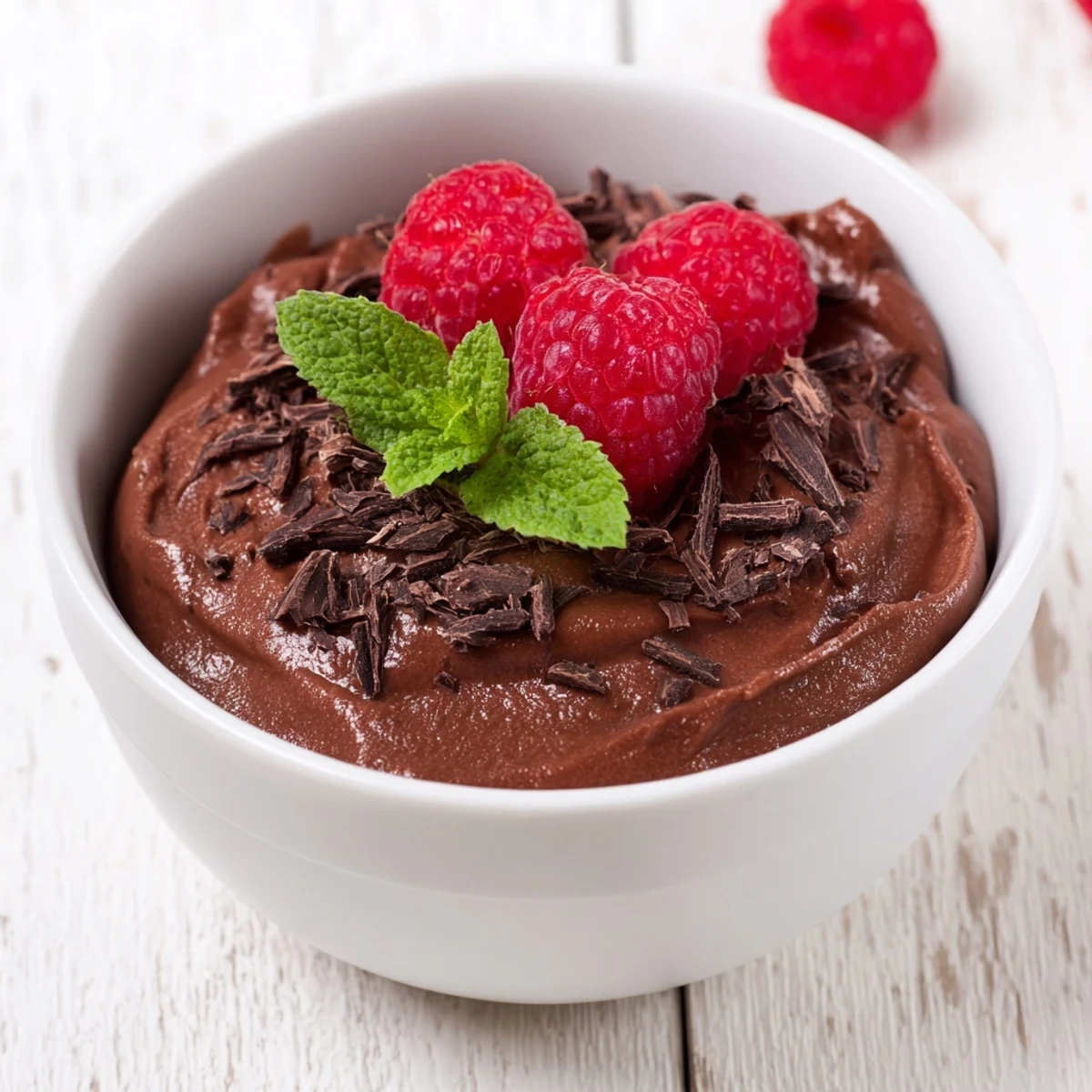 Chocolate Avocado Mousse with fresh raspberries in a glass, topped with mint leaves and shaved dark chocolate for an elegant dessert.