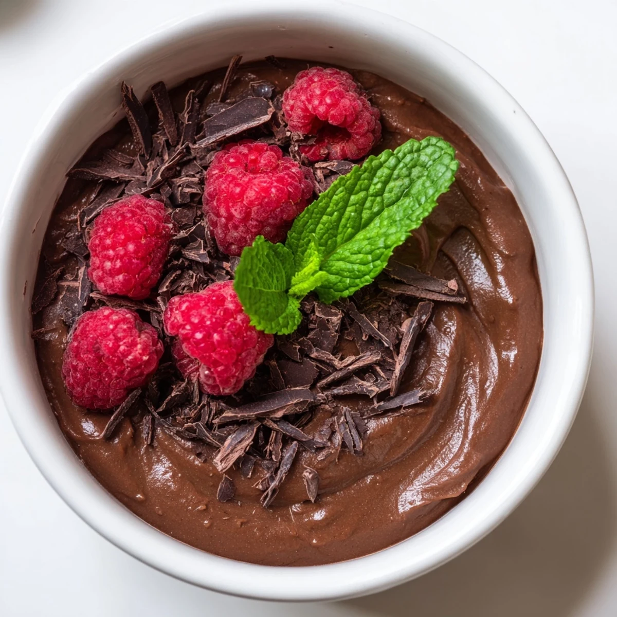 Creamy Chocolate Avocado Mousse garnished with sweet raspberries and chocolate shavings, ready to serve after a quick 15-minute chill.