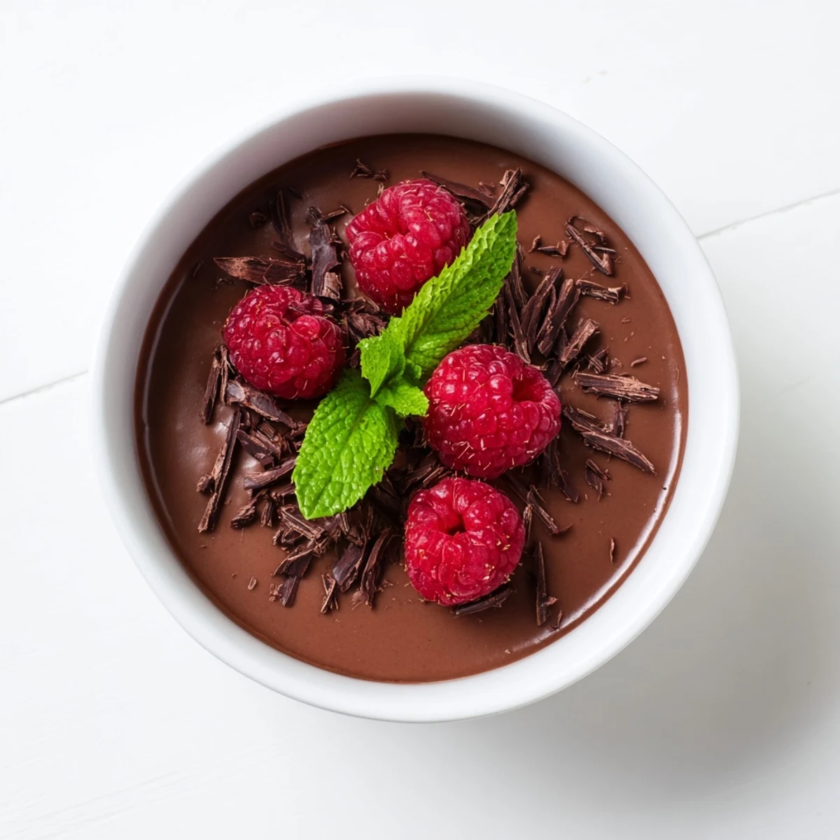 Rich Chocolate Avocado Mousse in a serving glass, topped with vibrant fresh raspberries and a hint of mint for garnish.