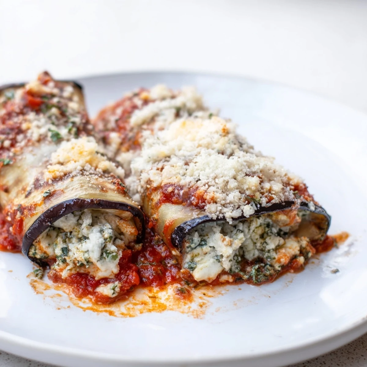 Golden-baked Baked Eggplant Rollatini with Ricotta and Herbs bubbling with marinara sauce and melted mozzarella.