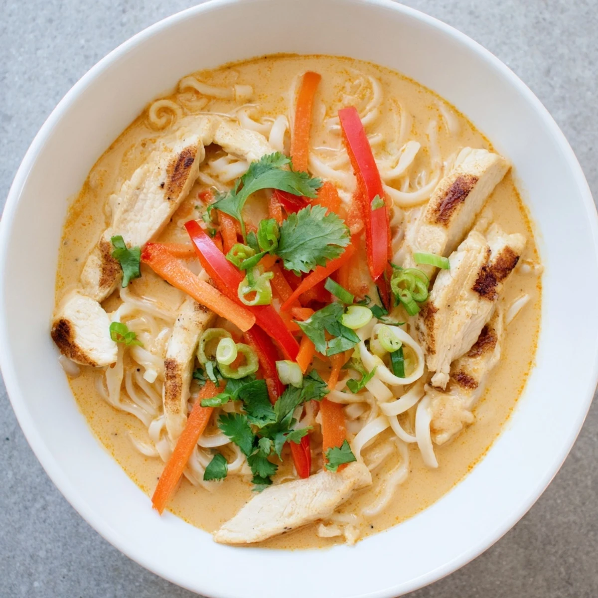 Steaming Thai Red Curry Noodle Soup with Grilled Chicken and fresh herbs in a white bowl.