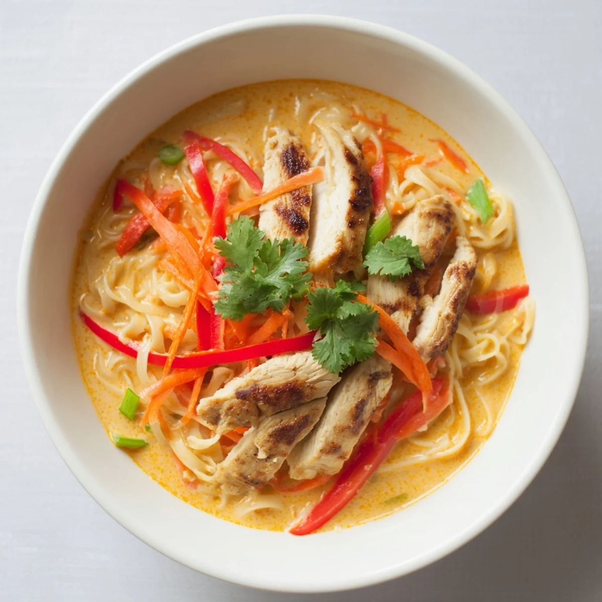 Thai Red Curry Noodle Soup with Grilled Chicken topped with cilantro and lime wedges.