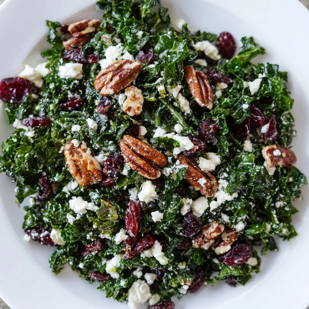 Freshly massaged kale salad with toasted pecans, dried cranberries, sliced apple, and red onion, all tossed in a maple-Dijon vinaigrette.