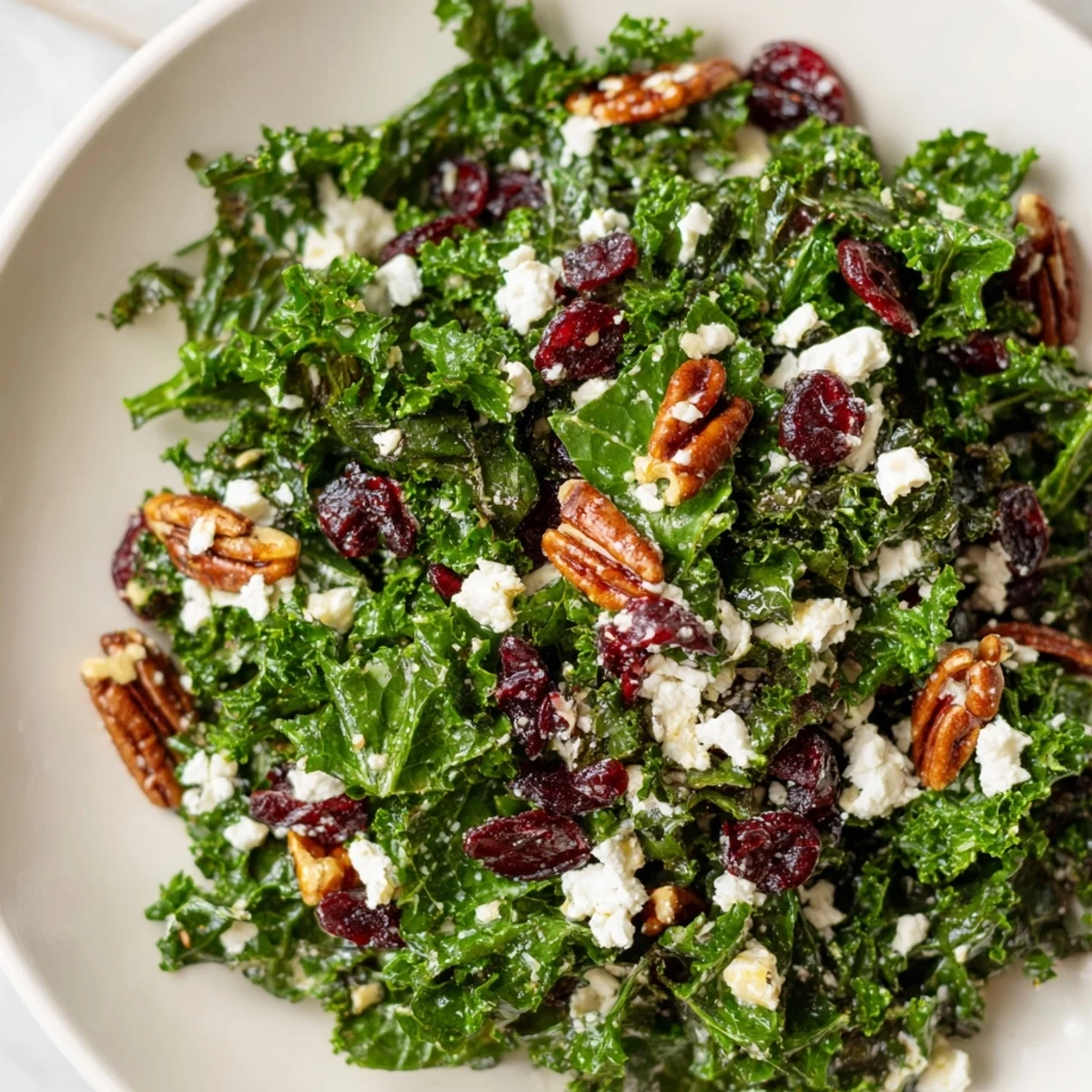 Served in a rustic bowl, this Winter Kale Salad with Pecans and Cranberries is garnished with apple slices and a drizzle of dressing.