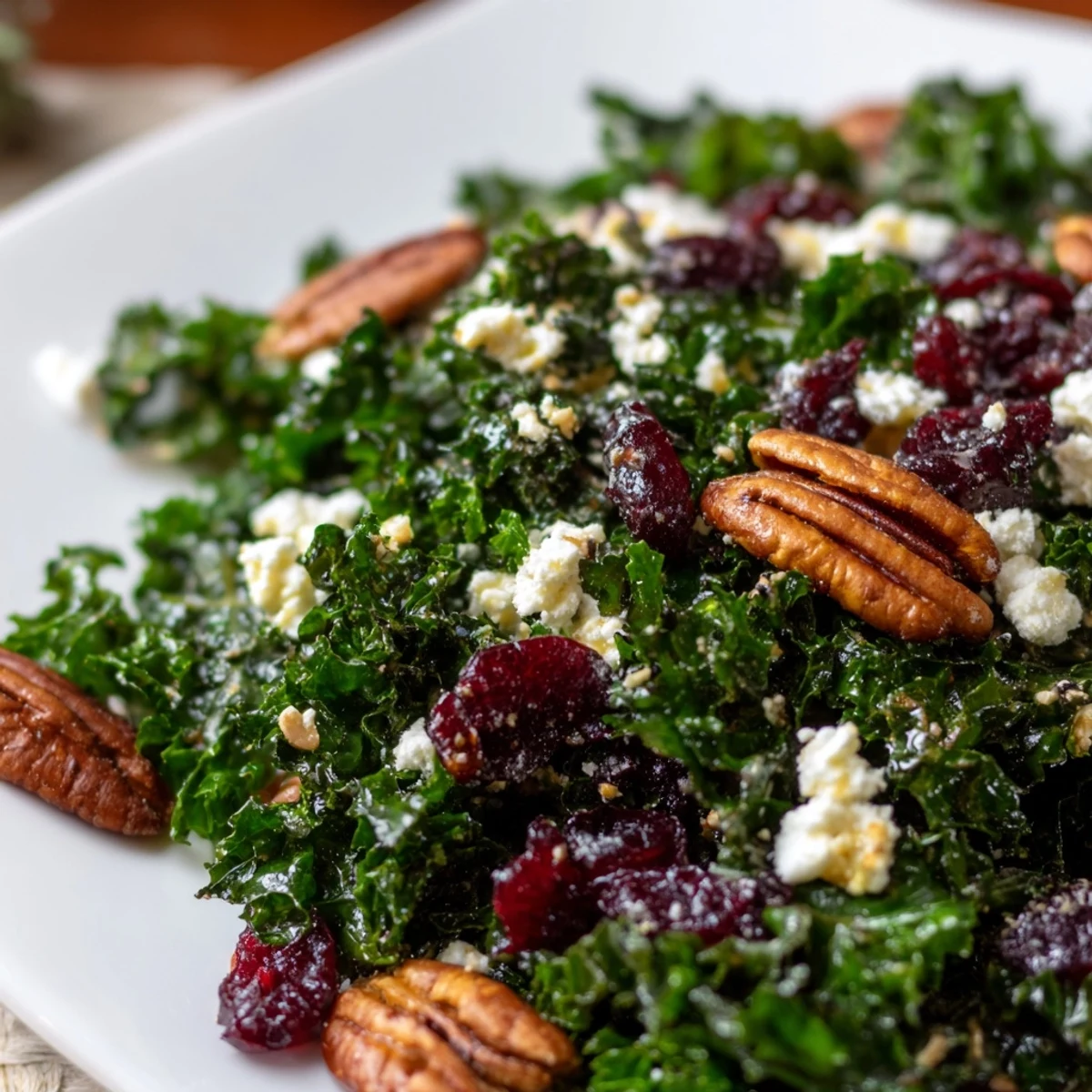 A close-up of Winter Kale Salad featuring crunchy pecans, sweet cranberries, and creamy feta crumbles over vibrant green kale leaves.