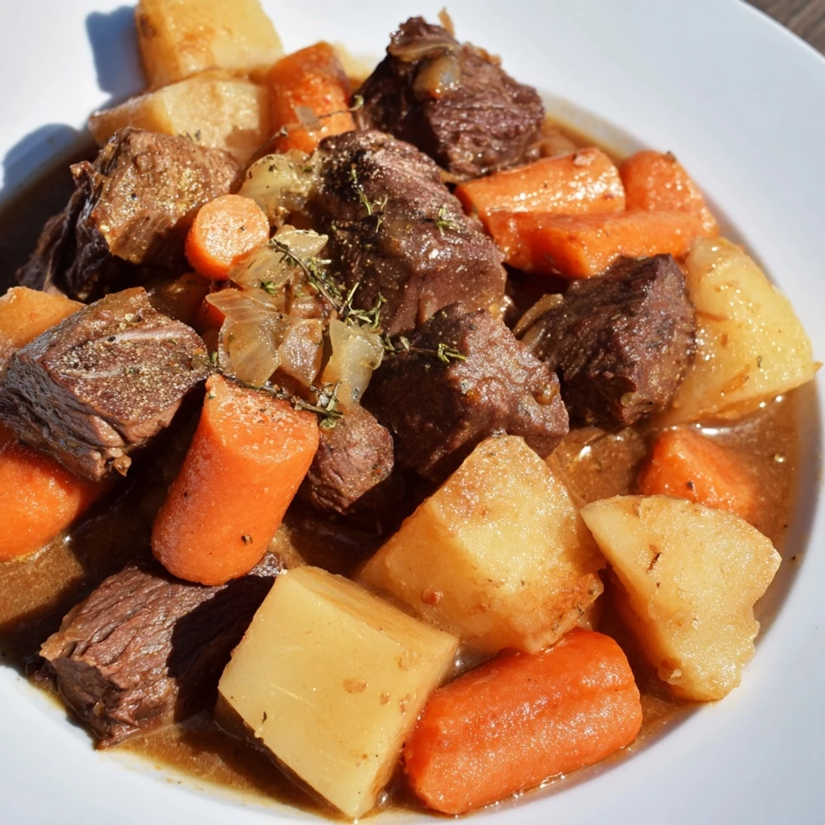 Golden-brown Slow Cooker Beef Stew with tender beef, root vegetables, and fragrant herbs steaming.