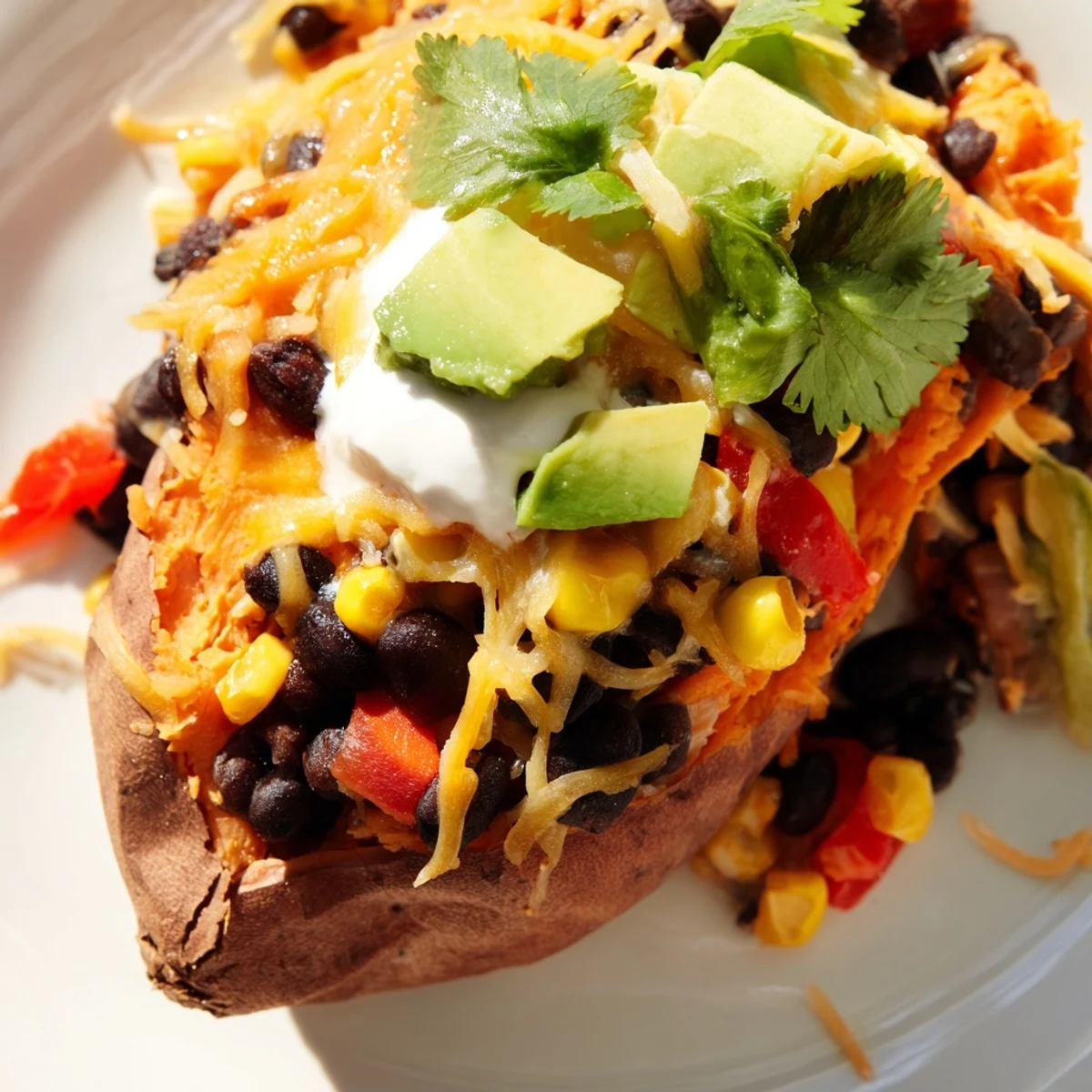 Golden-brown Loaded Sweet Potato Skins with Black Beans, melty cheddar, and fresh cilantro garnish on a rustic board.