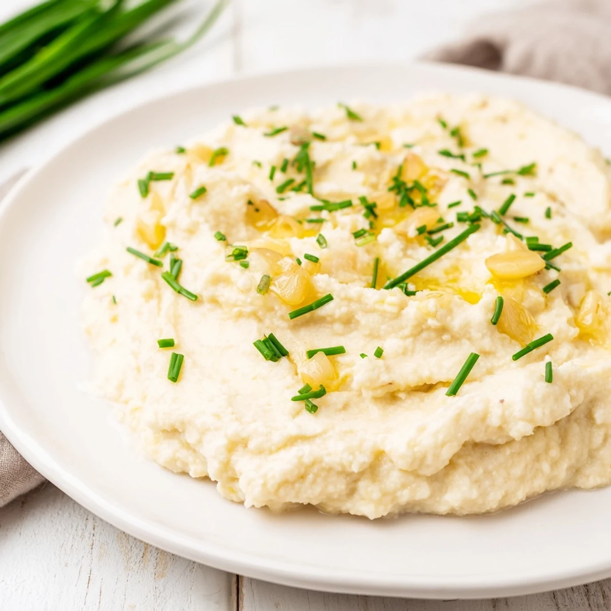 Creamy Roasted Garlic Mashed Cauliflower with Chives garnished and served warm in a rustic white bowl.