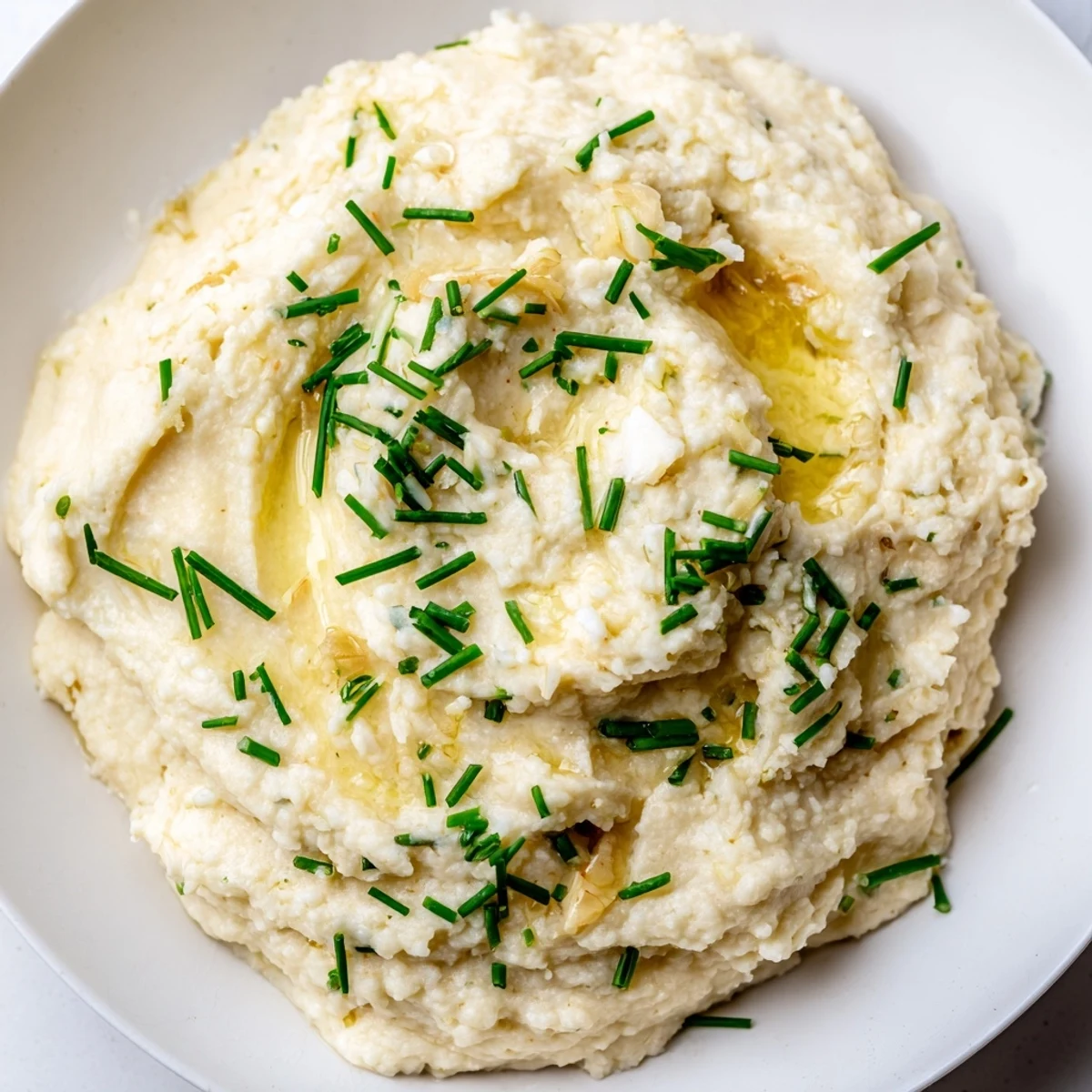 Golden roasted garlic bulbs beside a bowl of Roasted Garlic Mashed Cauliflower with Chives for a side dish.