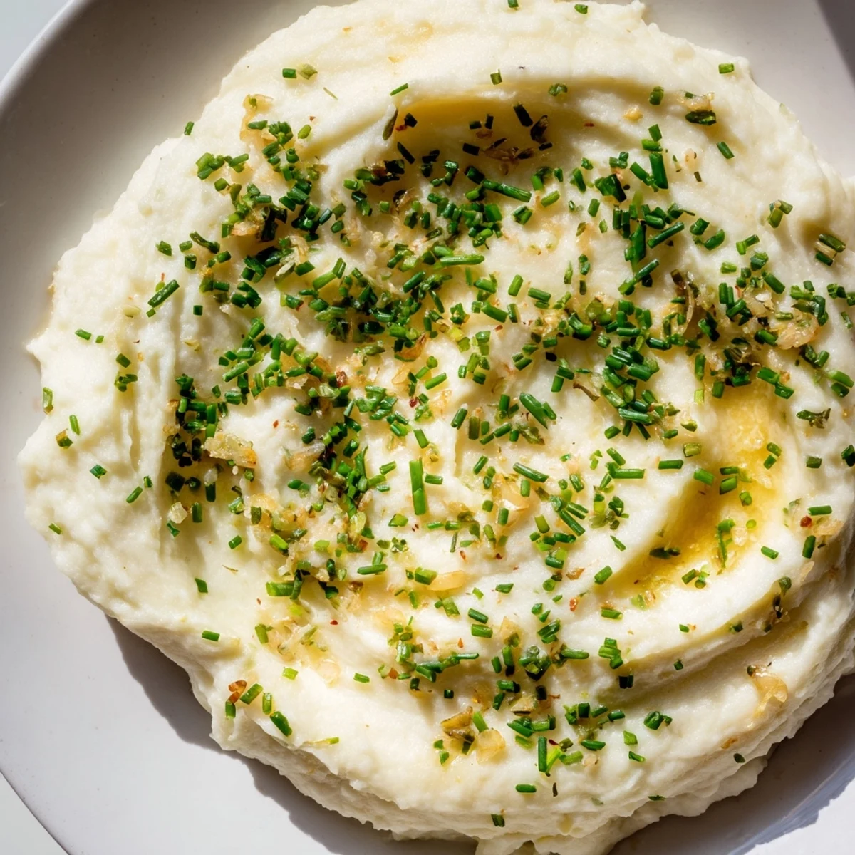 A close-up of Roasted Garlic Mashed Cauliflower with Chives showing buttery smooth texture and green flecks.