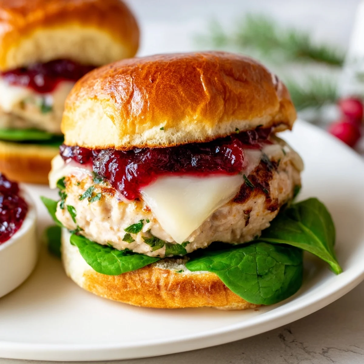 Turkey Burgers with Cranberry Sauce and Brie are served on a toasted brioche bun, showcasing melted cheese and ruby-red sauce.