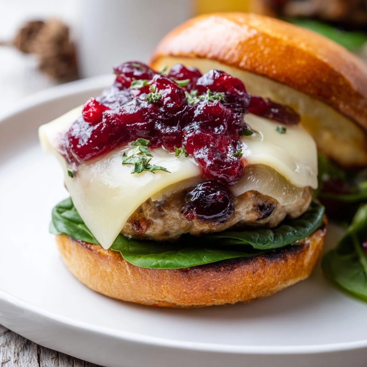 A close-up of Turkey Burgers with Cranberry Sauce and Brie, topped with peppery arugula and glistening sauce on a rustic board.