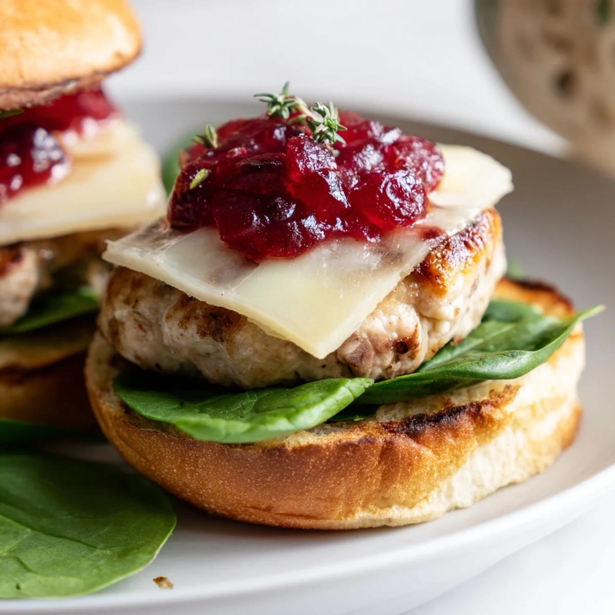 Golden-seared Turkey Burgers with Cranberry Sauce and Brie stacked high on a plate, ready for a festive family dinner.