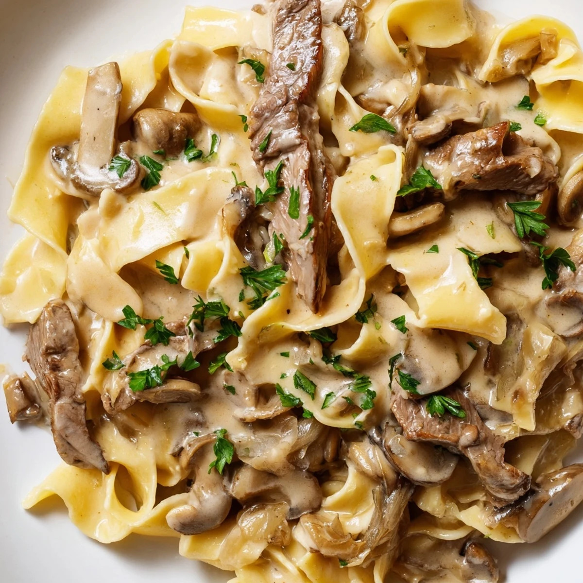 Close-up of creamy Beef Stroganoff with golden-brown beef and mushrooms piled high beside a forkful of noodles.