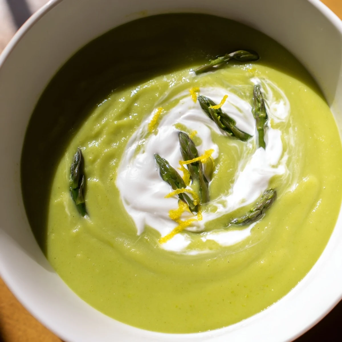 Creamy Asparagus Soup with Lemon and Crème Fraîche garnished with fresh chives in a rustic bowl.
