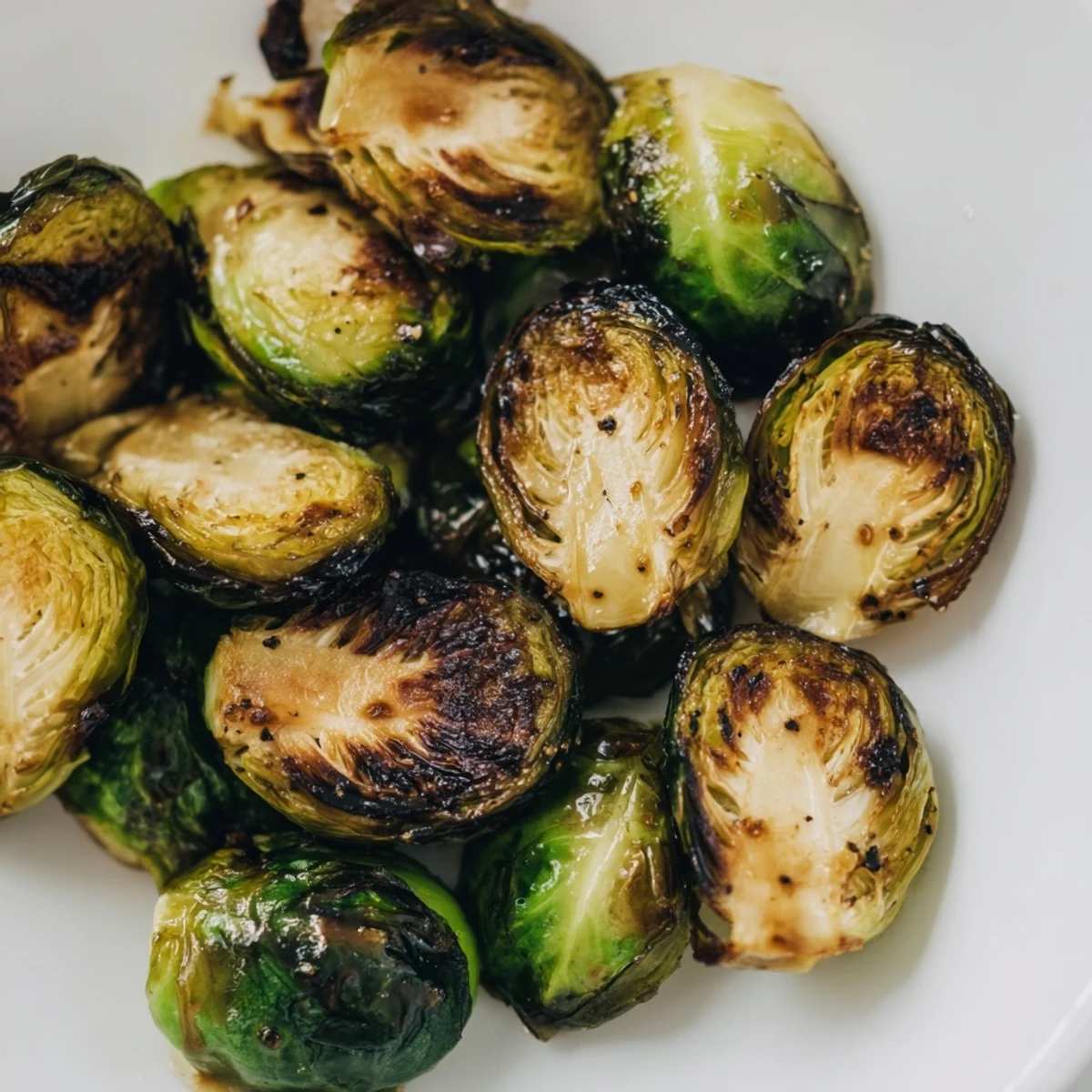 Golden brown, crispy Roasted Brussels Sprouts with Balsamic Vinegar on a rustic serving platter, glistening with glaze.