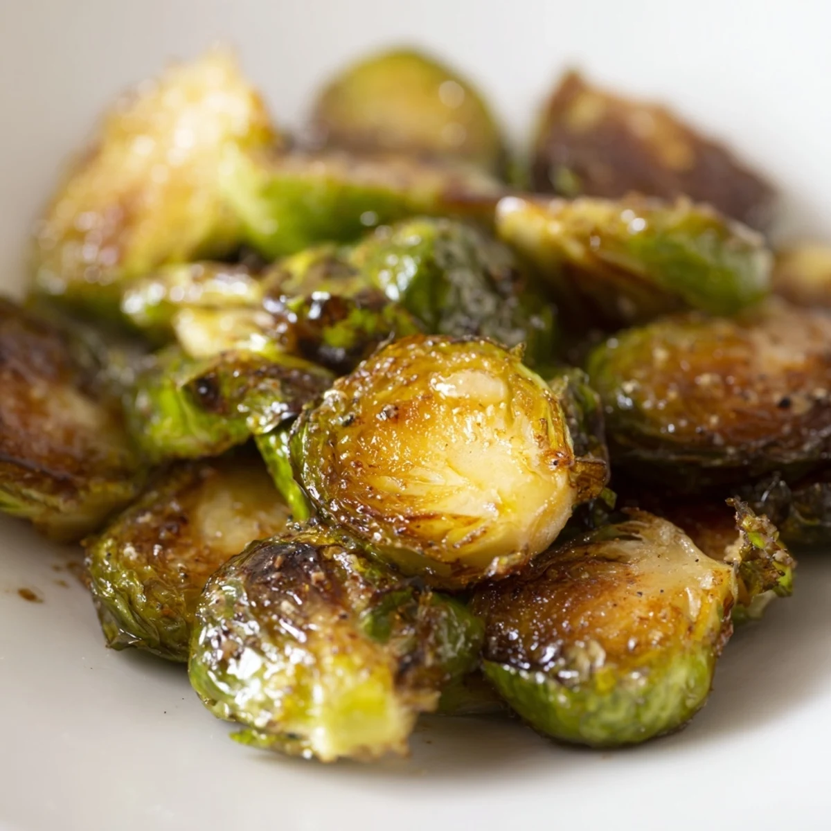 Freshly roasted Roasted Brussels Sprouts with Balsamic Vinegar garnished with pine nuts and a drizzle of glaze.