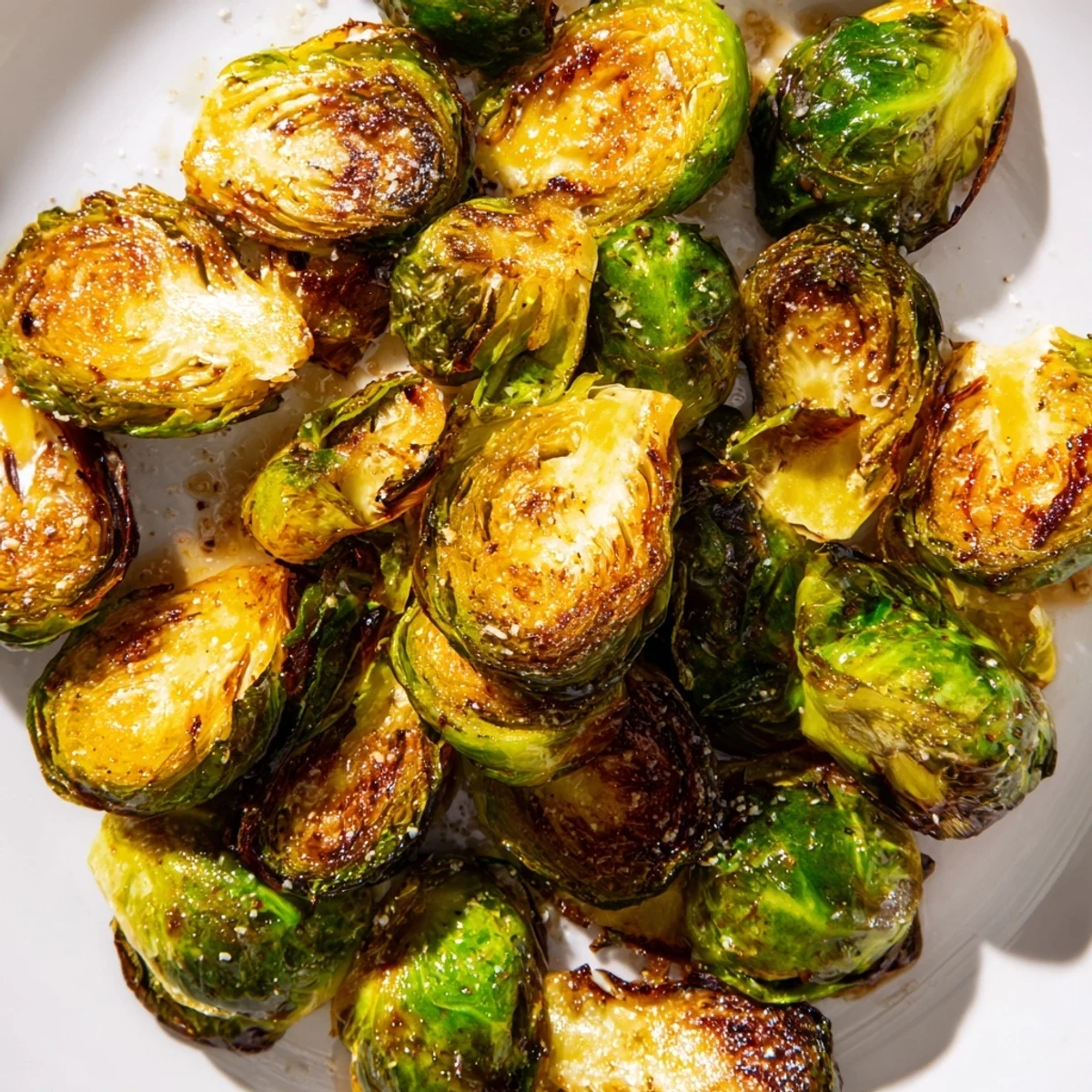 Roasted Brussels Sprouts with Balsamic Vinegar tossed with toasted walnuts and fresh parsley on a wooden board.