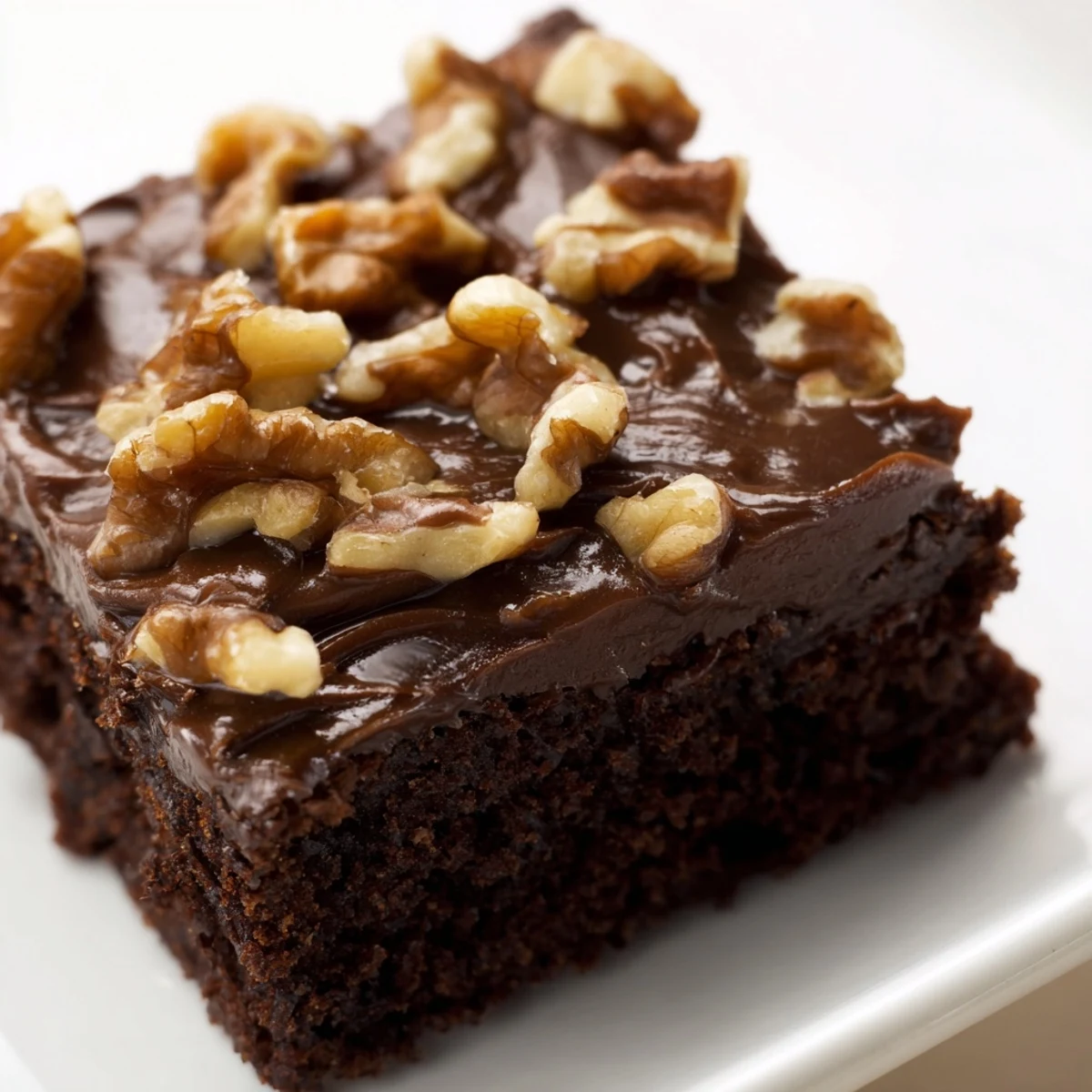 Freshly baked Chocolate Brownies with Rich Fudge Frosting cut into squares on a white plate.