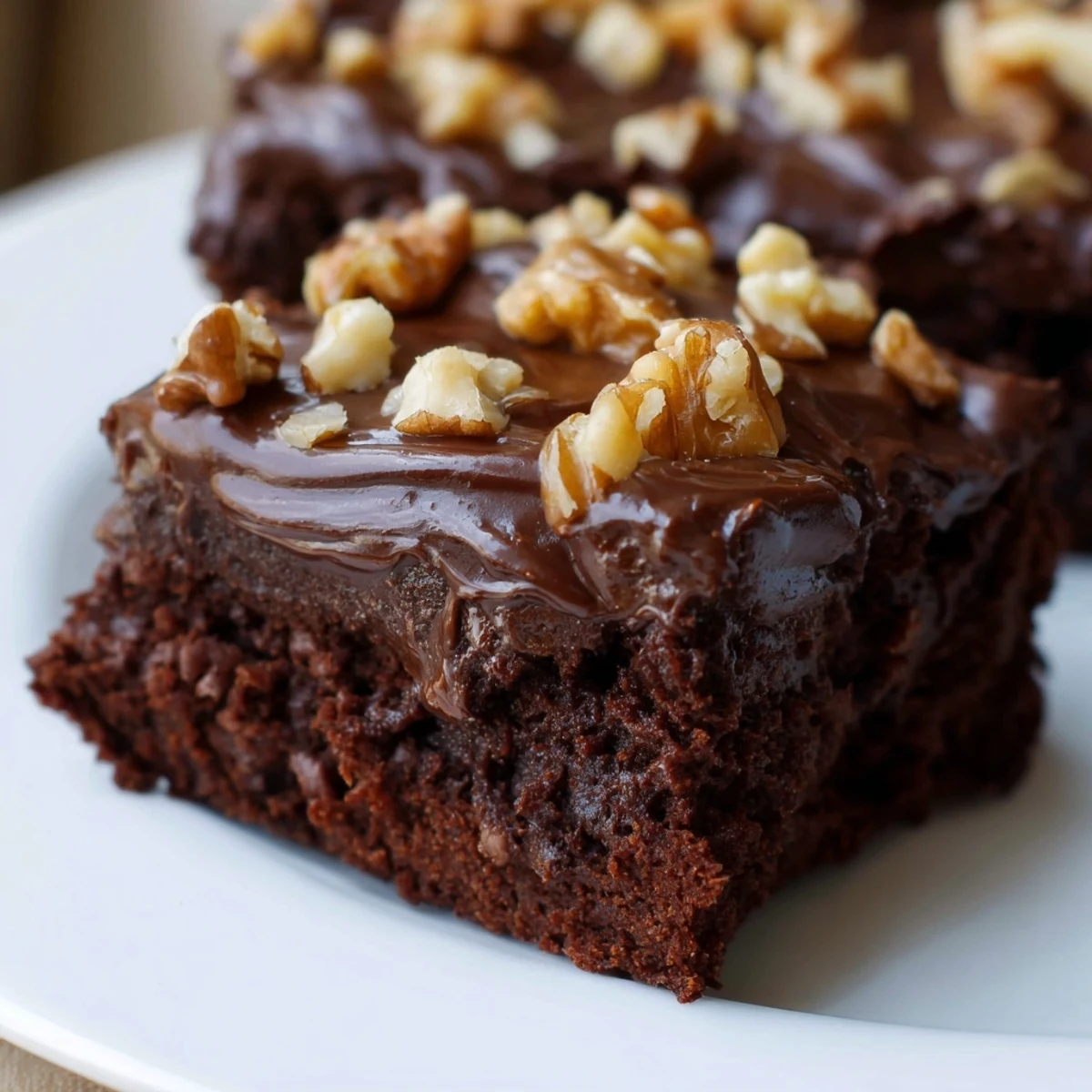 A slice is taken revealing a fudgy interior next to a glass of cold milk.