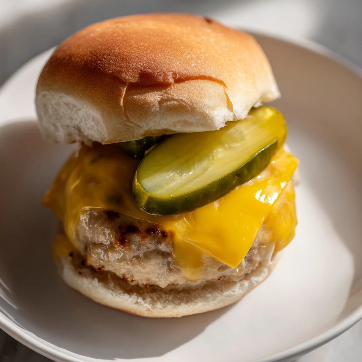 A juicy Turkey Burger with Cheese and Dill Pickles served on a toasted bun, ready to enjoy.