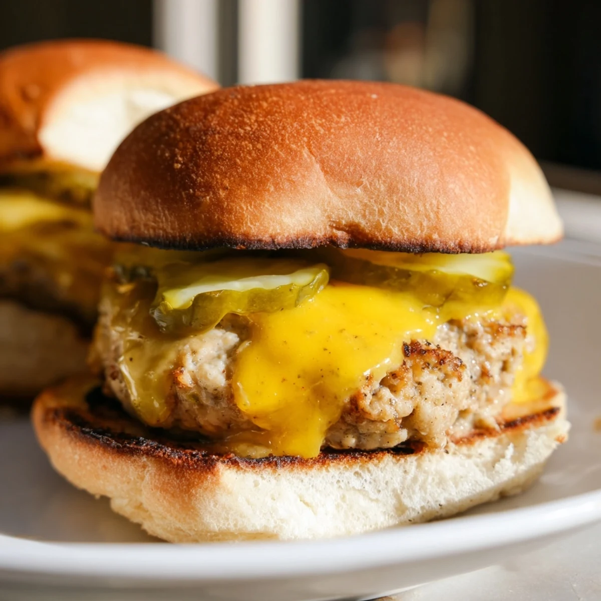 Sizzling Turkey Burger with Cheese and Dill Pickles melting on the grill with smoky char marks.