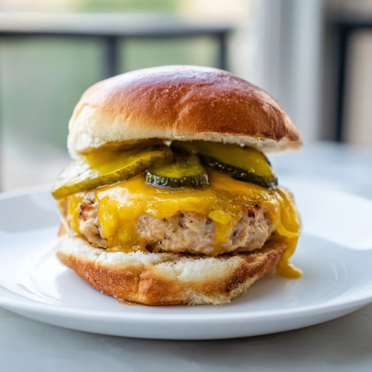 Overhead view of a Turkey Burger with Cheese and Dill Pickles, garnished with fresh lettuce and tomato.