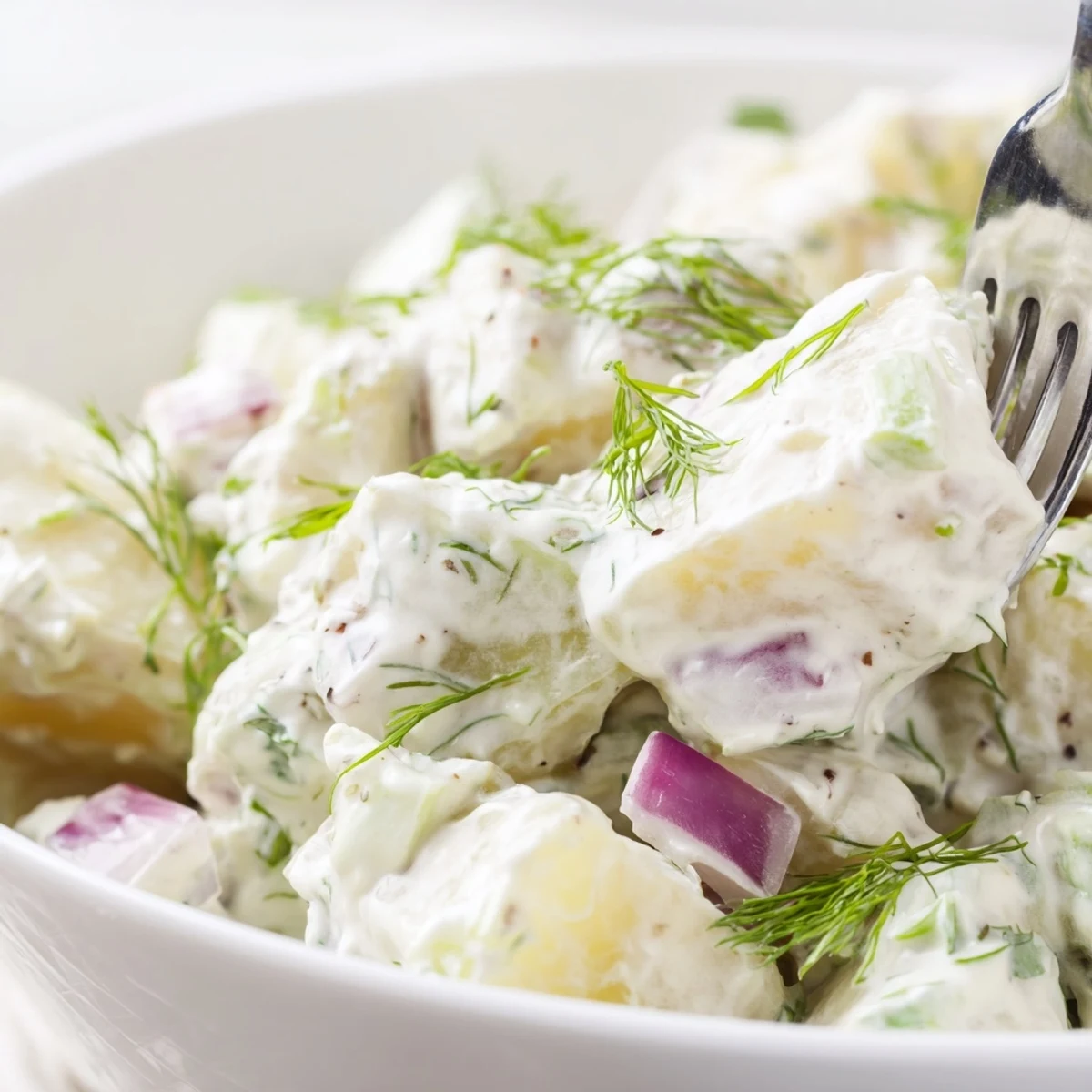 Creamy Potato Salad with Fresh Dill garnished with dill sprigs on a white plate.
