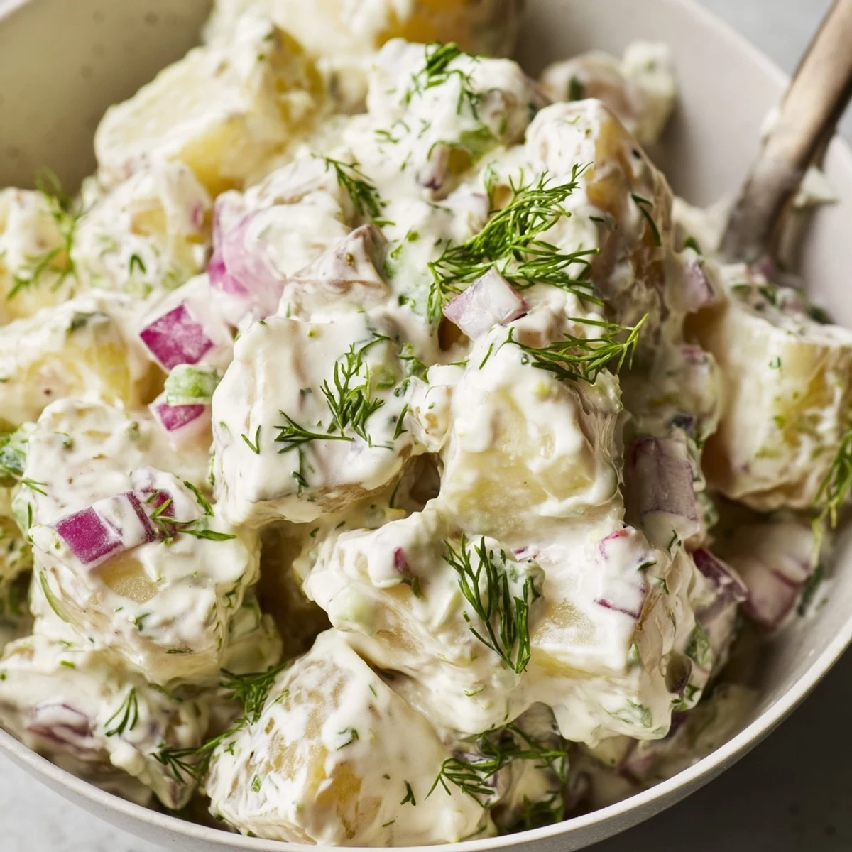 Freshly tossed Creamy Potato Salad with Fresh Dill featuring diced celery and red onion.