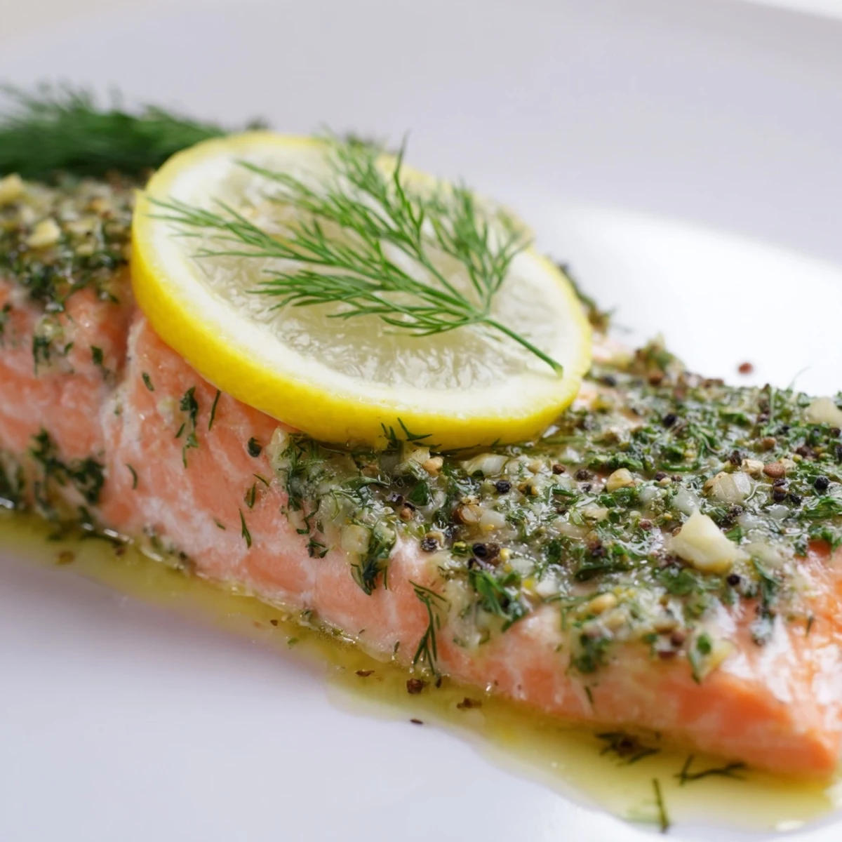 Golden-brown baked salmon with lemon and dill weed, glistening and flaky, served alongside roasted asparagus.