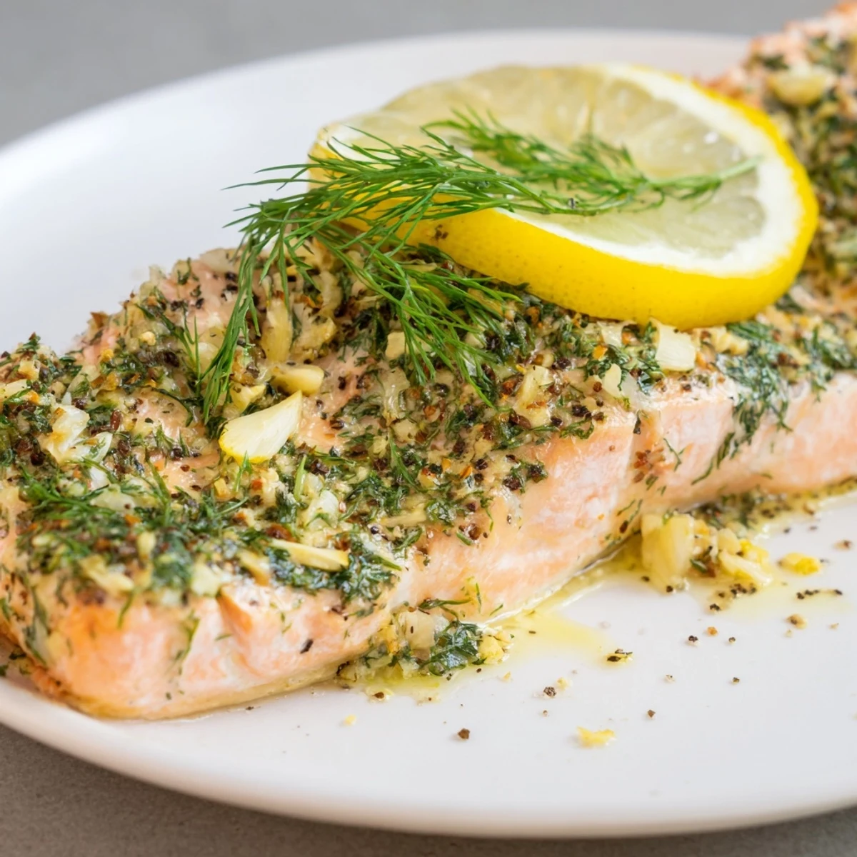 Perfectly baked salmon with lemon and dill weed, flaky fillets garnished with lemon slices on a platter.