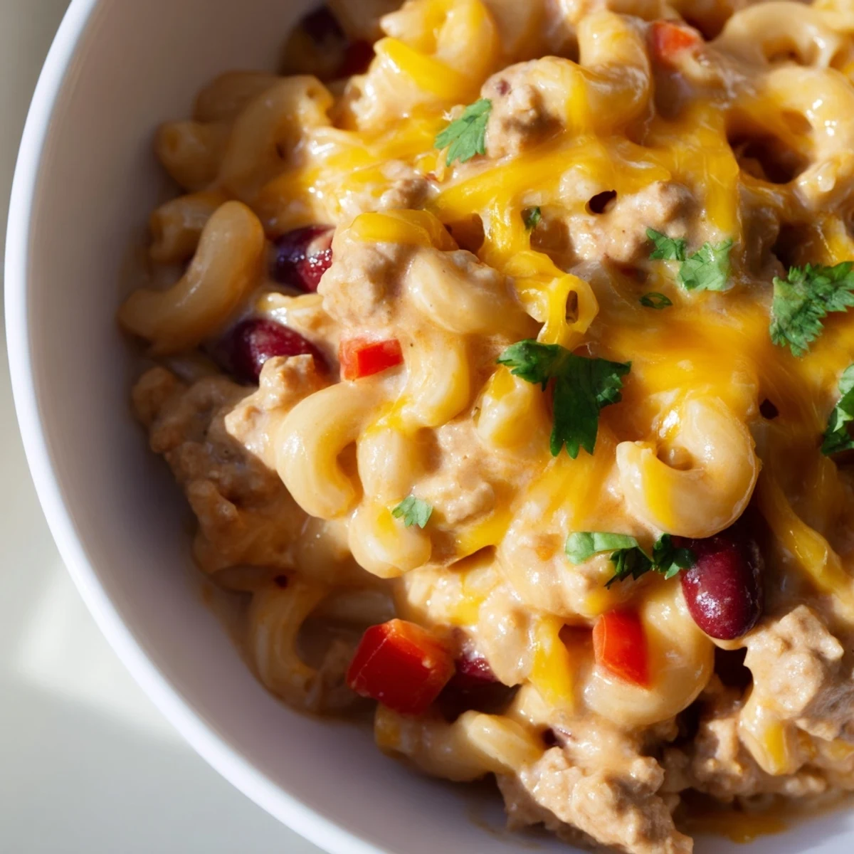 Steaming Turkey Chili Mac and Cheese in a pot, melding ground turkey, beans, and pasta.