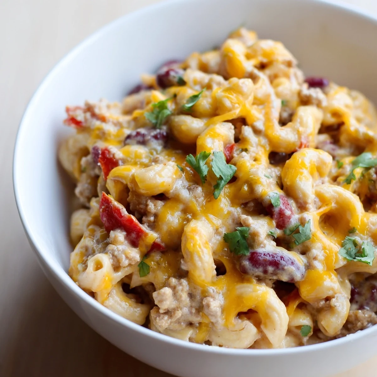 Family-style Turkey Chili Mac and Cheese is garnished with cilantro and extra shredded cheese.