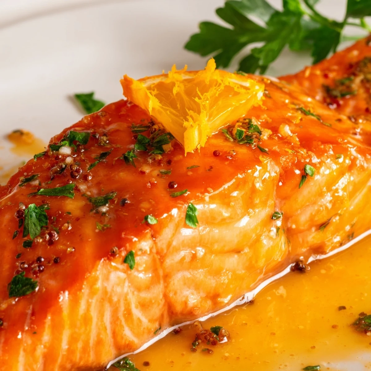 Freshly baked Baked Salmon with Orange Glaze on a plate, garnished with parsley and ready for dinner.