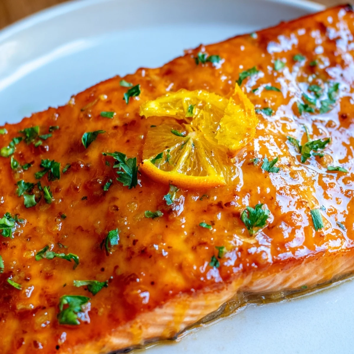 A close-up of Baked Salmon with Orange Glaze, flaky fillet glistening with a bright, sticky citrus sauce.