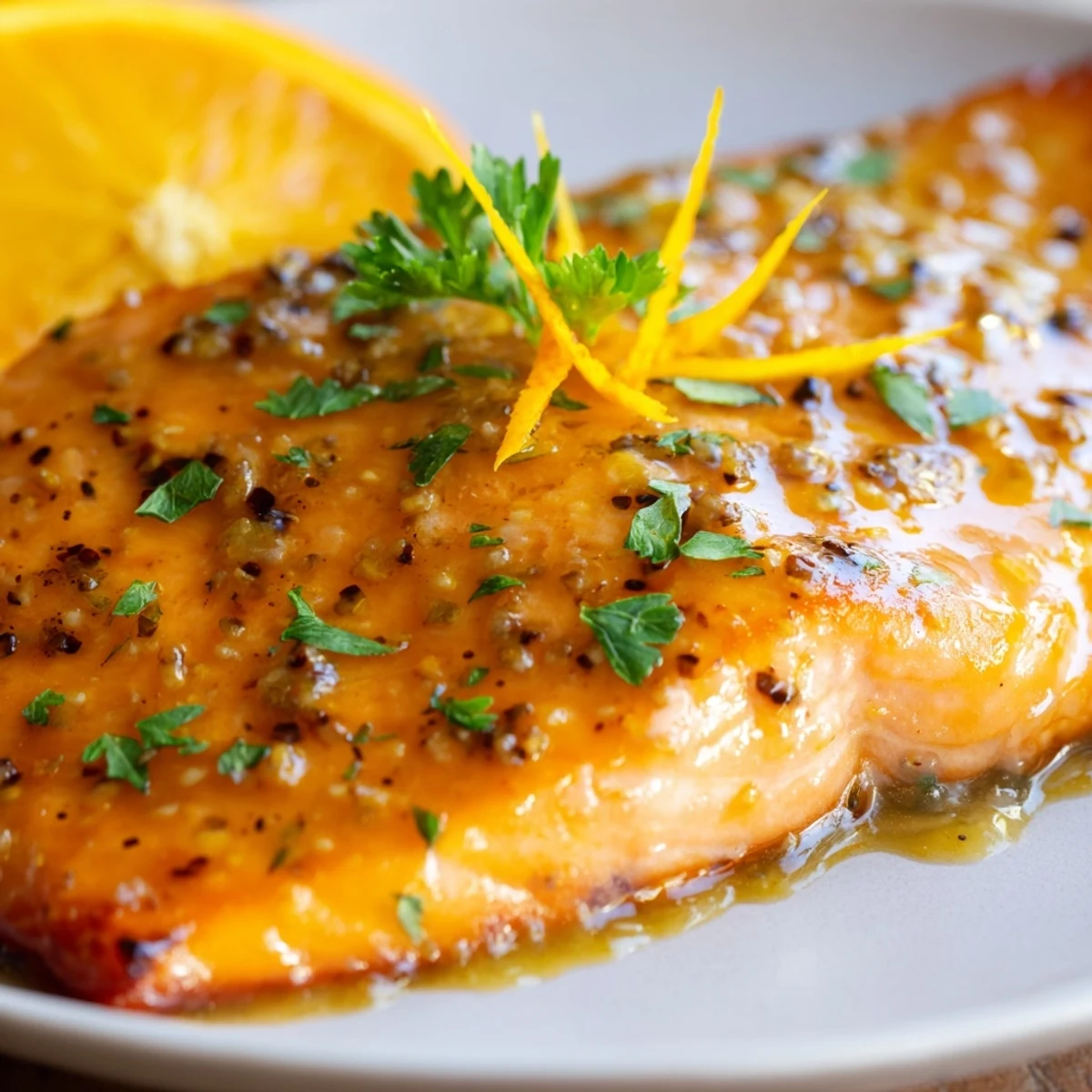 Golden Baked Salmon with Orange Glaze brushed with glaze, served alongside steamed asparagus for an easy meal.